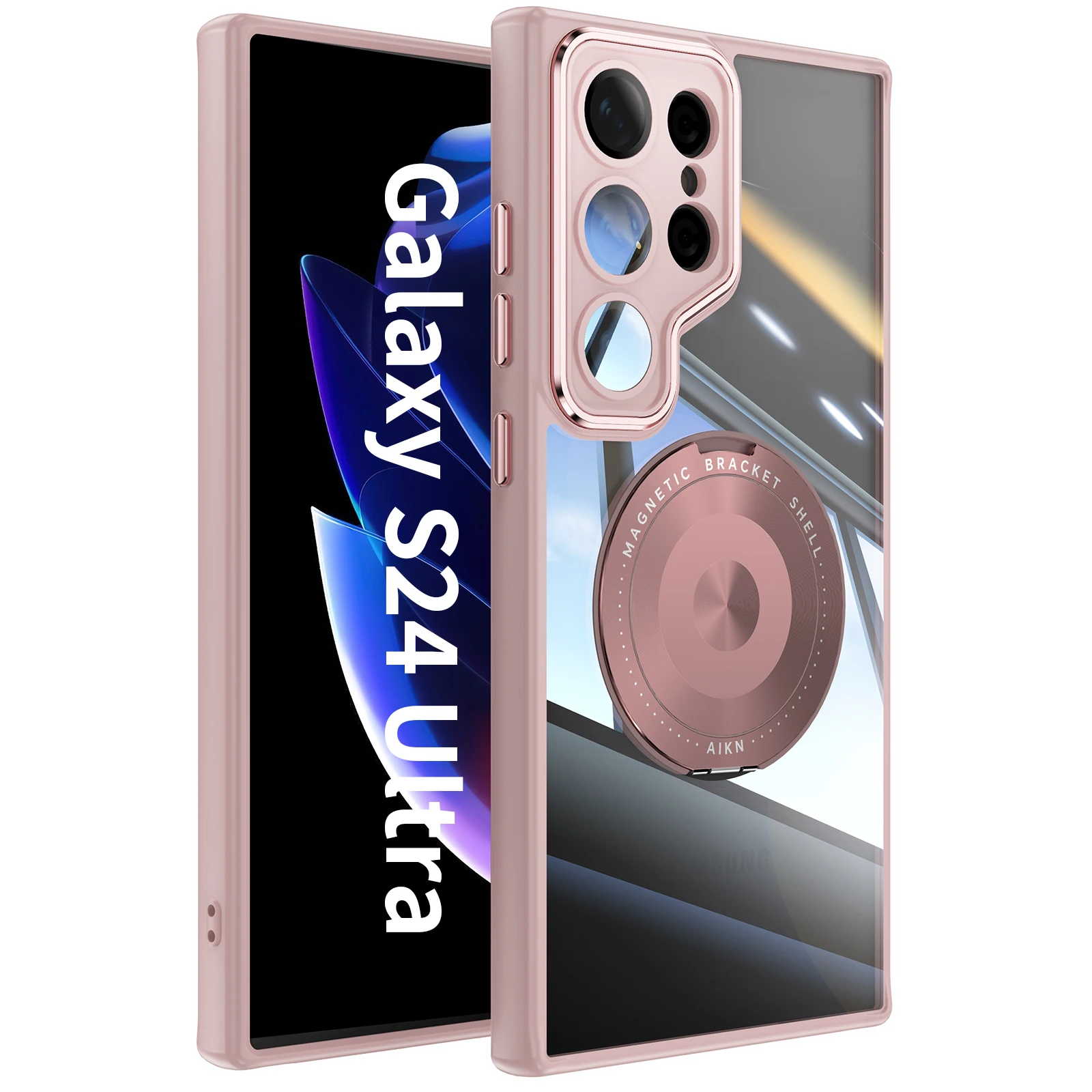 

For Samsung Galaxy S24 S23 Ultra Plus Magsafe Case Transparent Magnetic Rotating Bracket Wireless Charging Shockproof Hard Cover