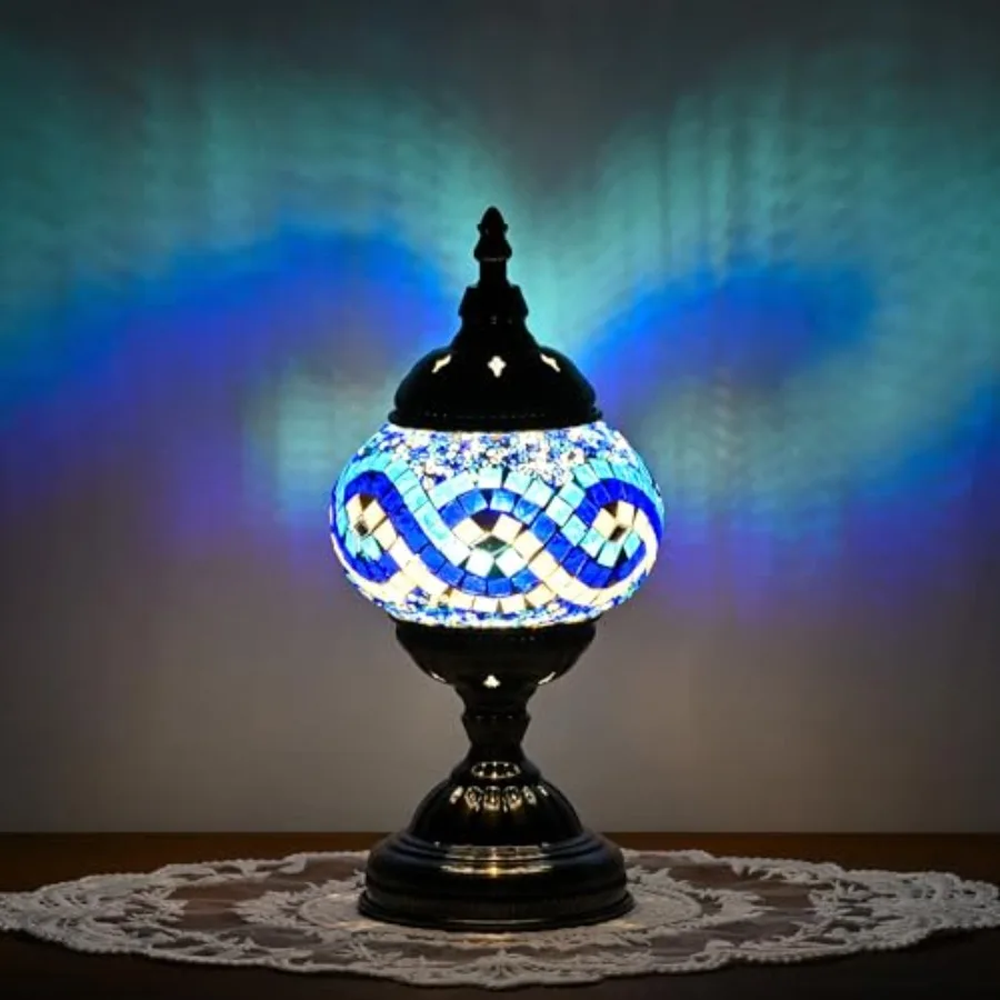 Turkish Moroccan Table Lamp Lantern with Handmade Mosaic Glass Lampshade Tiffany Style Bohemian Stained Glass Decorative Desk L