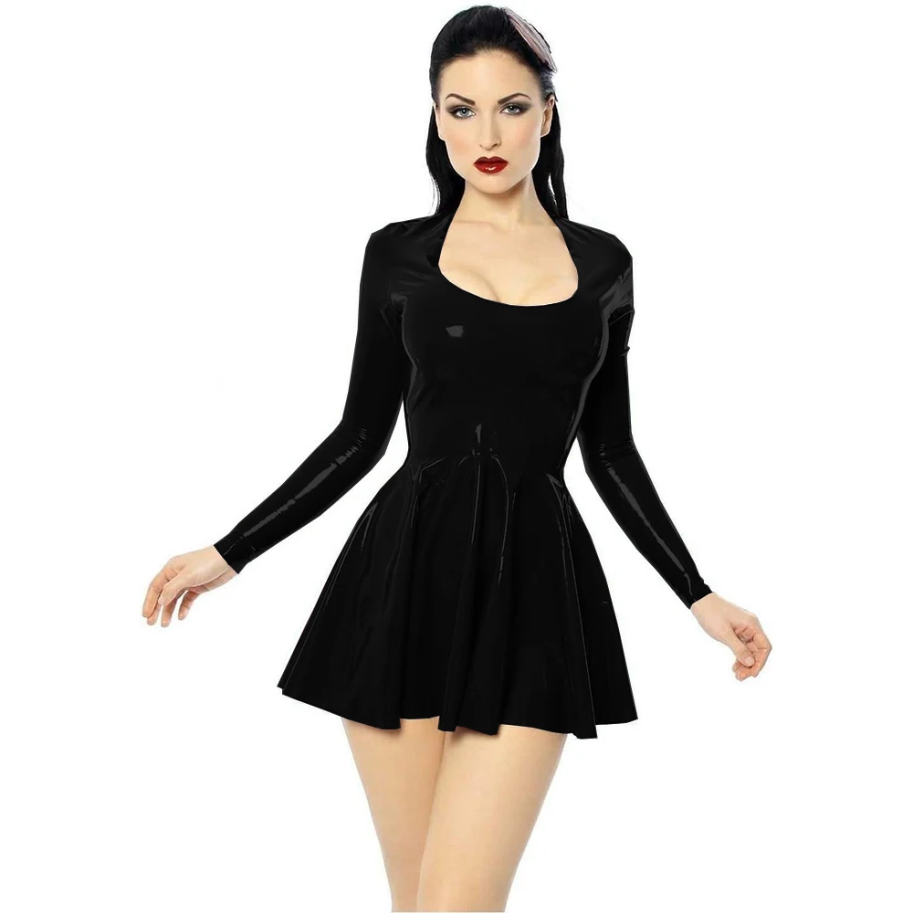 Plus size mini-jurk, A-lijn, PVC, U-hals, korte skaterjurk, bodycon met lange mouwen, geplooide jurken, club, slanke leren kleding