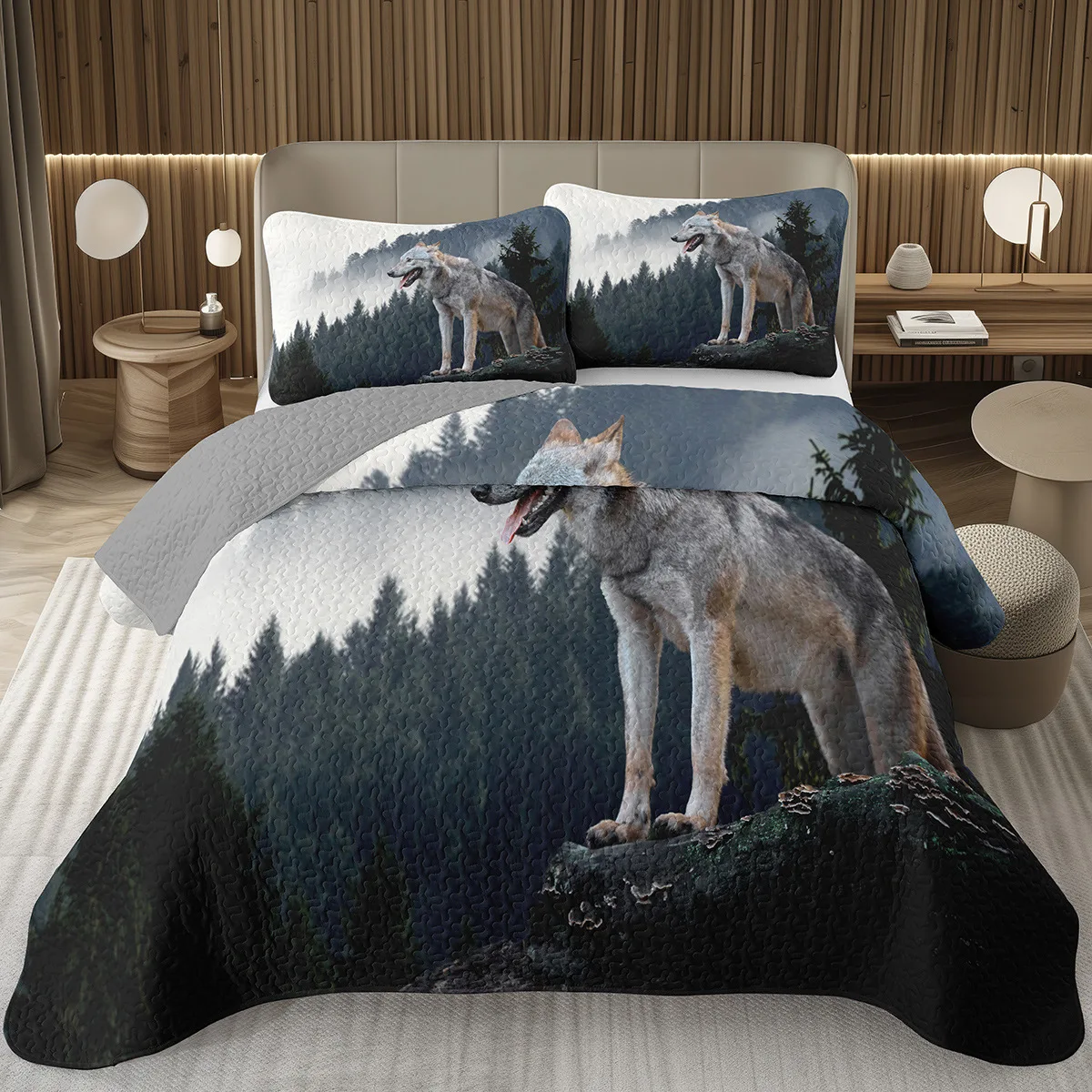 

Wolf Quilt Set Twin King Size, Wild Safari Animal Wolf Print Bedspread,Cool Wildlife Coverlet Set for Boys Girls Teens Room Dorm