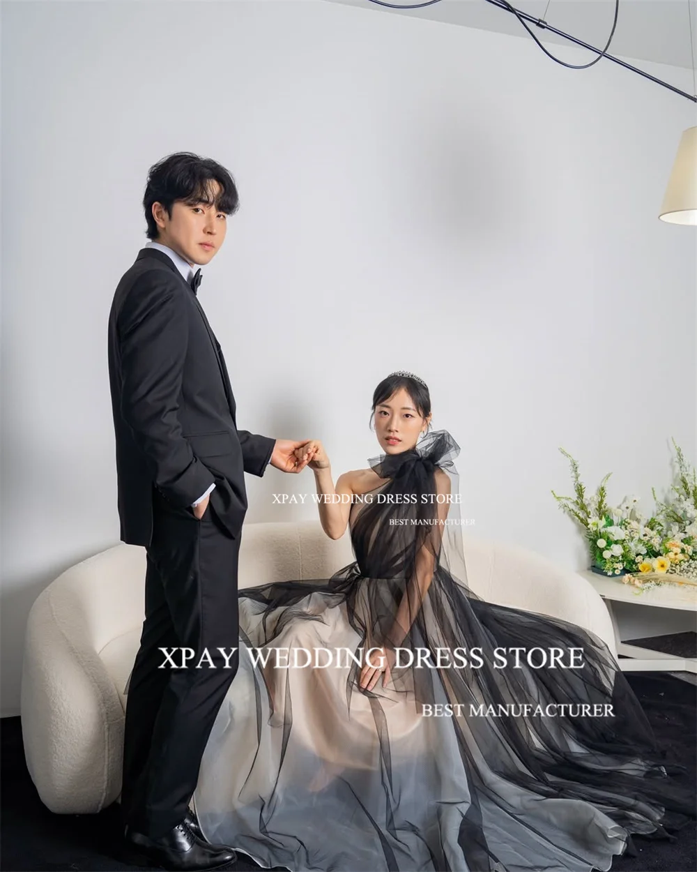 XPAY elegante negro Corea vestidos de noche un hombro una línea fotos de boda sesión vestidos de graduación personalizado plisado vestido de fiesta nupcial