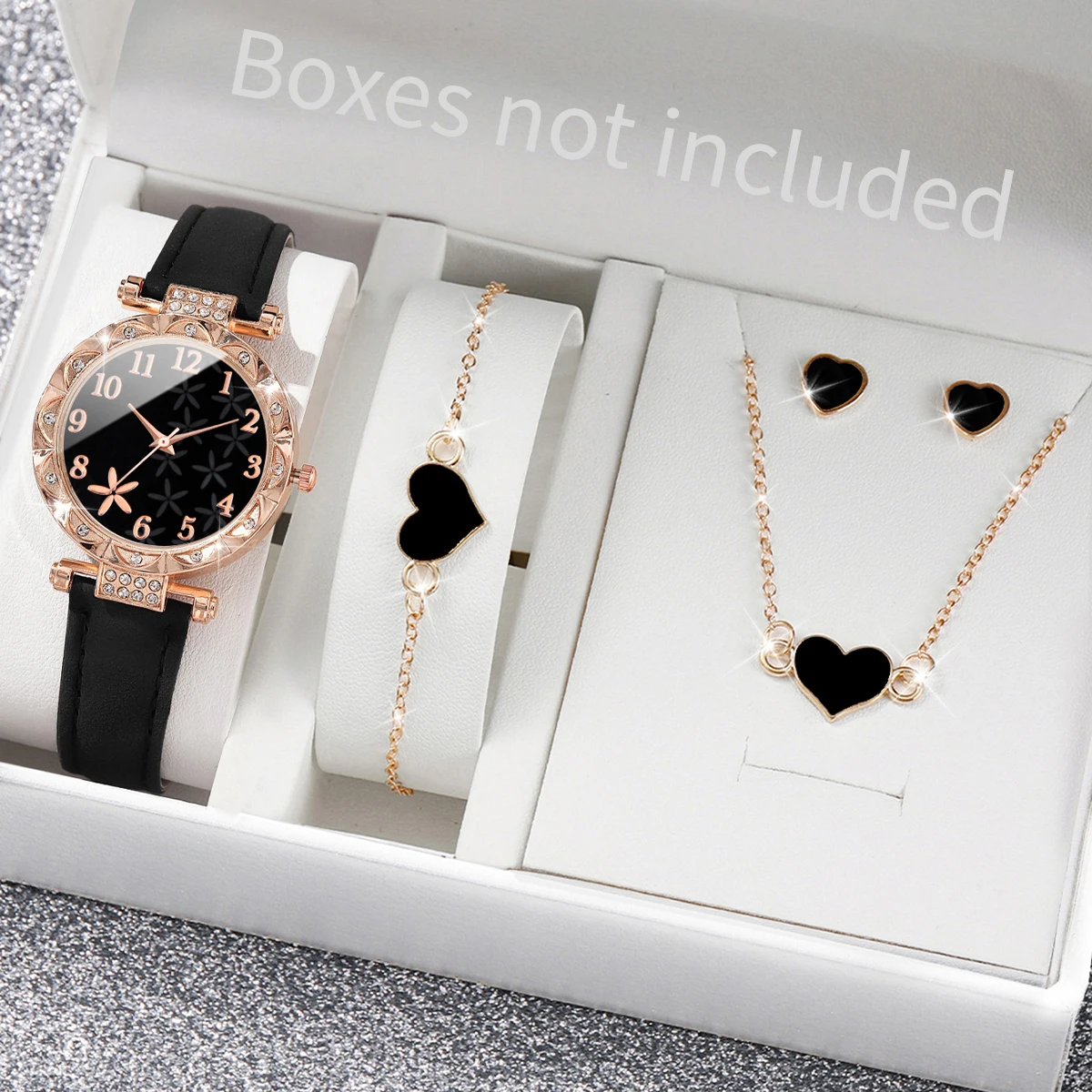 5pcs/set Women\'s Watch Fashion Flowers Dial Quartz Watches Leather Band Wristwatches Heart Jewelry Set（Without Box）