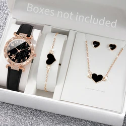 5pcs/set Women's Watch Fashion Flowers Dial Quartz Watches Leather Band Wristwatches Heart Jewelry Set（Without Box）