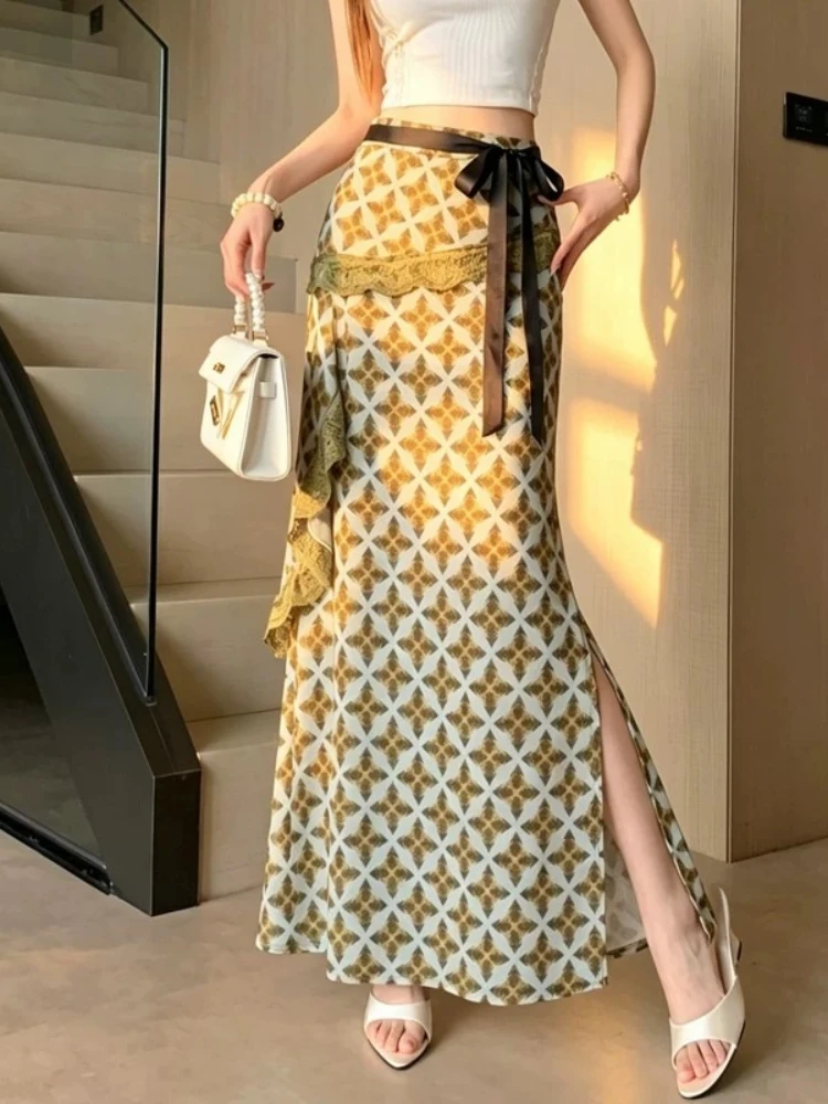 Skirt Lace Lattice Summer Lightweight Designer Tie High Waist Long Draping Slit A Line Hip Hugging New Ultra Trendy Dress