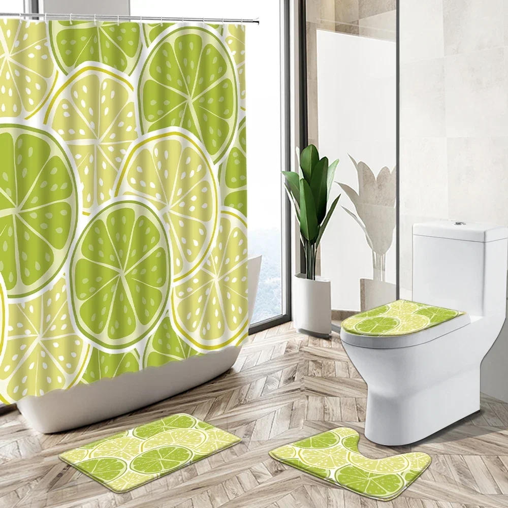 Summer Fruit Shower Curtain Lemon Plant Green Leaf Flower Pattern Exotic Home Deco Bath Mat Toilet Cover Flannel Bathroom Carpet