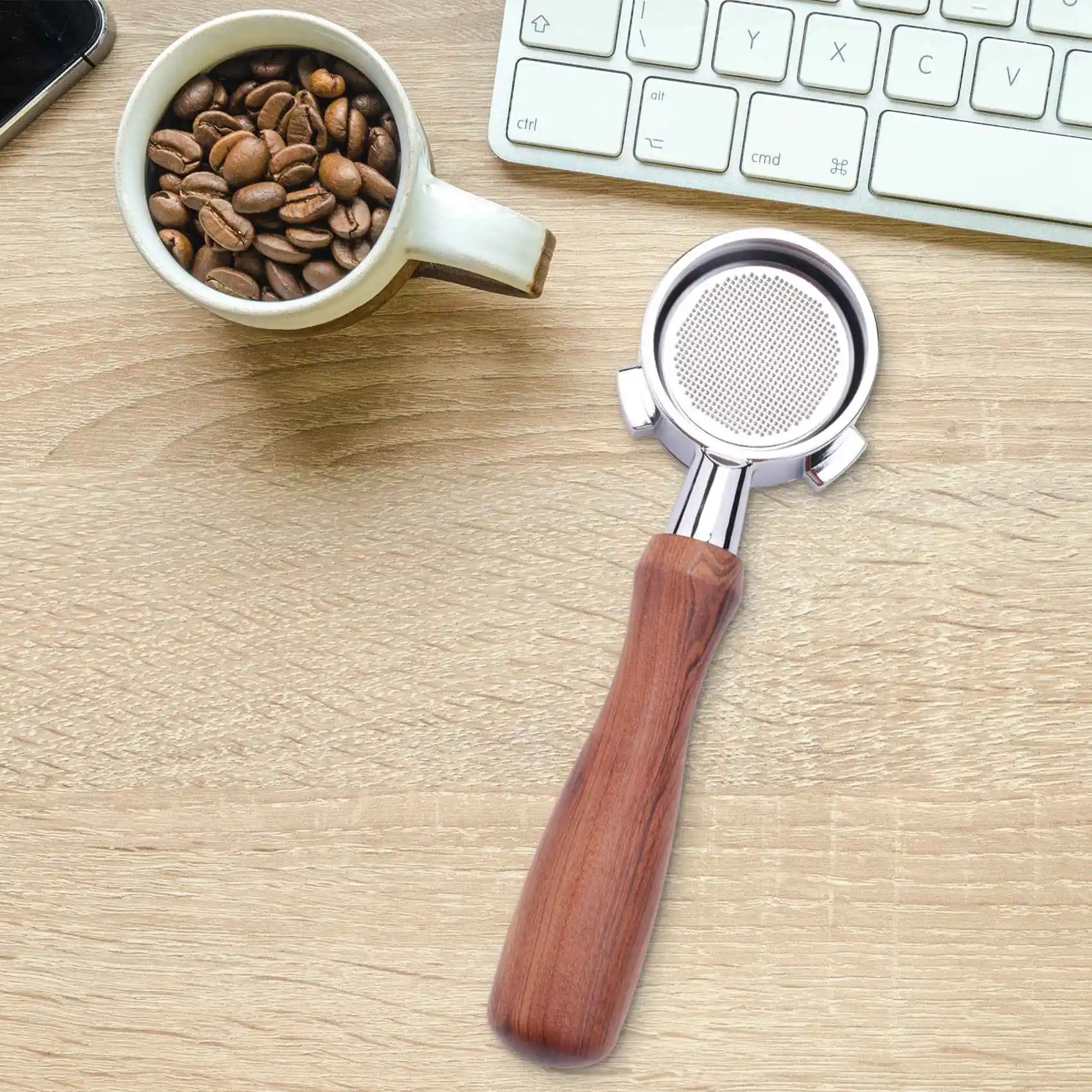 Portafiltro sin fondo para máquina de café de acero inoxidable, 54MM, mango de madera, accesorio profesional