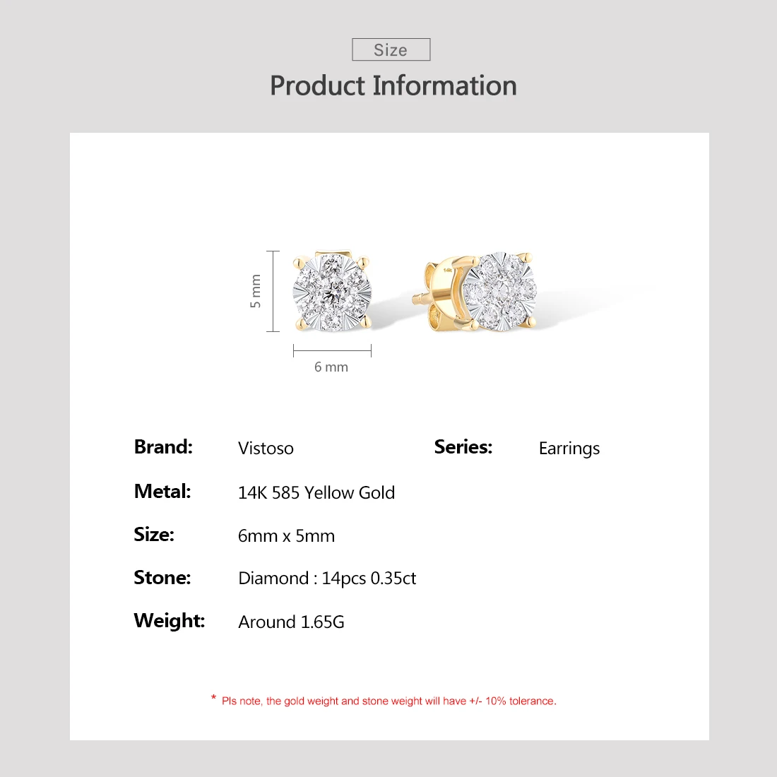 VISTOSO Gold Earrings For Women 14K 585 Rose Gold Sparkling Diamond Dainty Round Cirle Stud Earrings Fashion Trendy Fine Jewelry