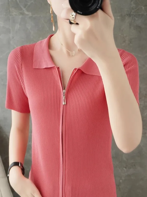 

Новая женская тонкая трикотажная футболка из ледяного шелка с коротким рукавом, на молнии, приталенная, базовая, с длинным рукавом