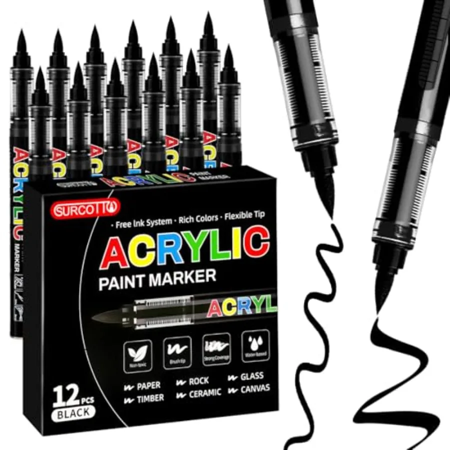 

12 PCs Black, Soft Brush Tip Pens and Markers, Acrylic Paint Pens for Wood, Stone, Canvas, Glass, Fabric, Egg, Rock Painting an