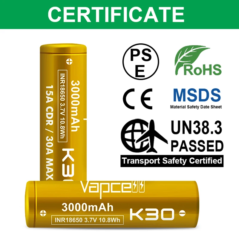 High Quality Vapcell 18650 K30 Battery 3000mah Rechargeable Lithium Batteries Good Performer INR18650 15A/30A 3.7V 10.8Wh Cell