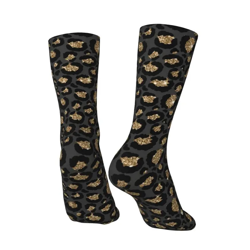 Black Gold Glitter Leopard Print Dress Socks Men Women Warm Funny Novelty Crew Socks