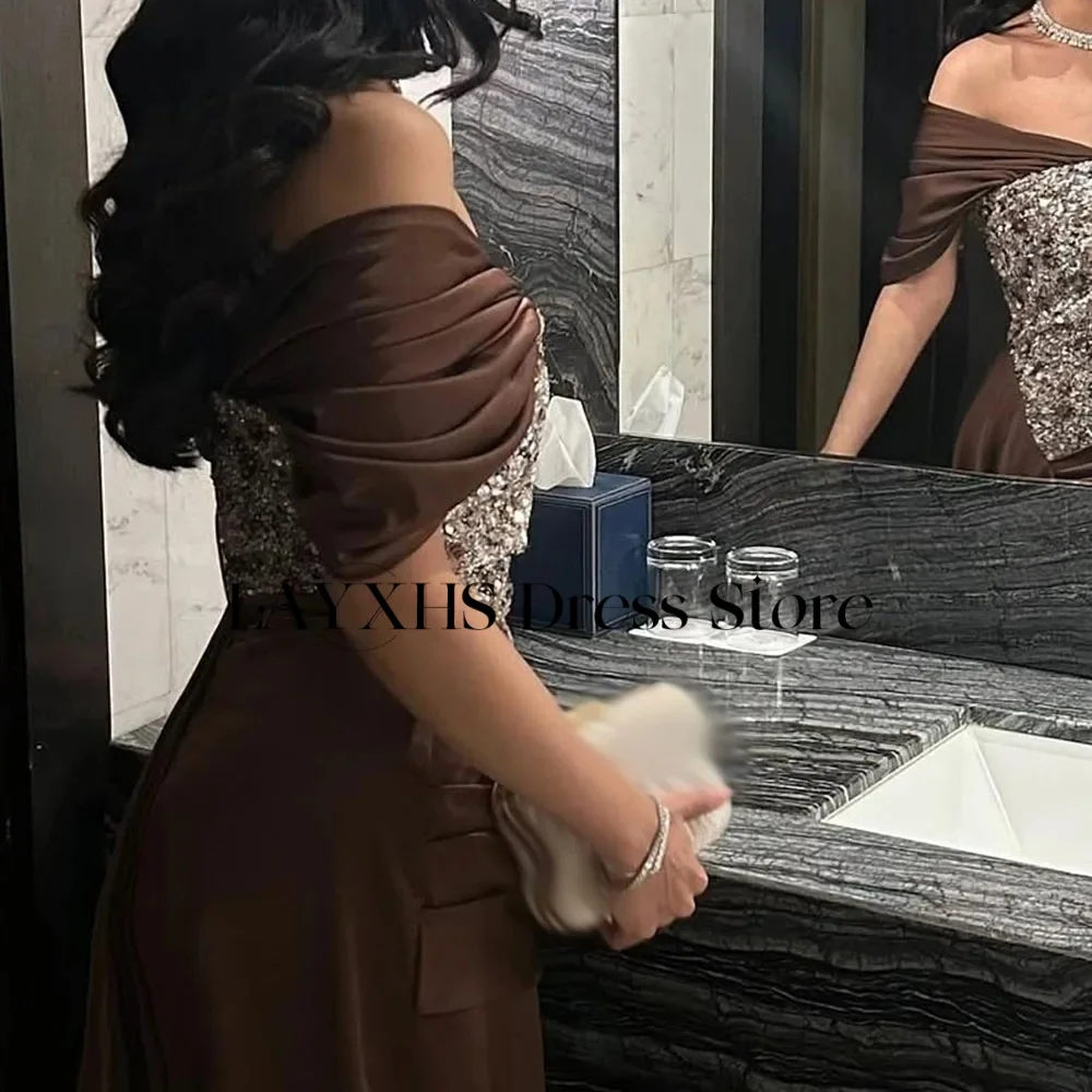 LAYXHS Luxury Off The Shoulder Evening Dresses Mermaid Shiny Beaded Pleat Prom Dresses Customized فساتين سهرات