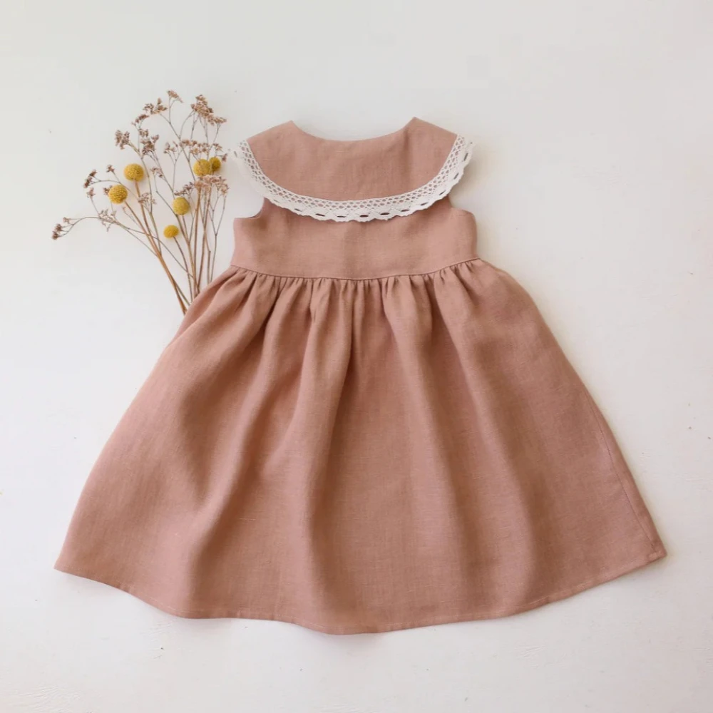 Solid Color Sweet Girl Casual Clothes Lace Lapel Single Breasted Sleeveless Princess Dress Summer New Korean Version