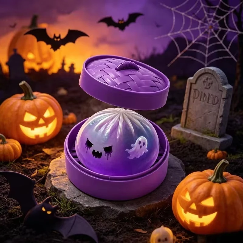 Glitter Halloween Ghost Dumplings Squishy Slow Rebound Resilience with Steamer Decompression Stuffed Shark Bun Halloween Gifts