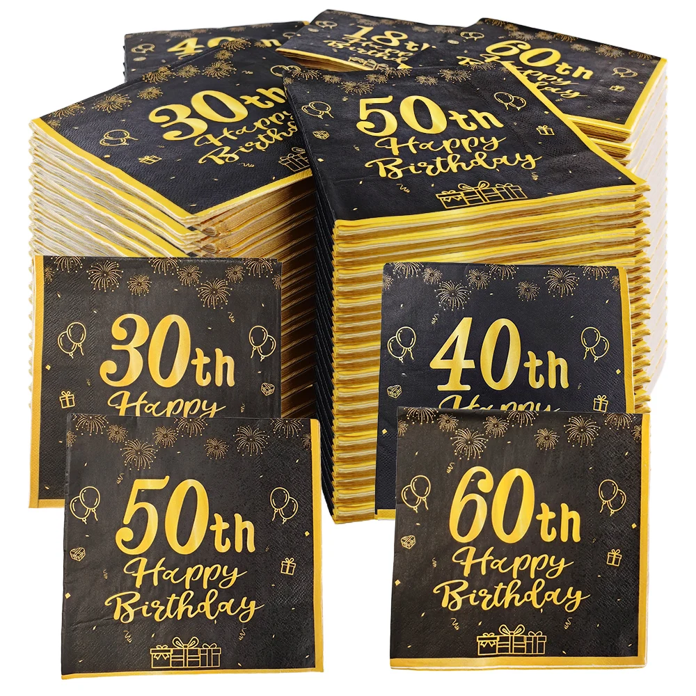 20–100 Stück Happy 40th 50th 60th Birthday Papierservietten Schwarzgold Einweg-Cocktailservietten für Geburtstags- und Jubiläumsdekoration – Detail 2