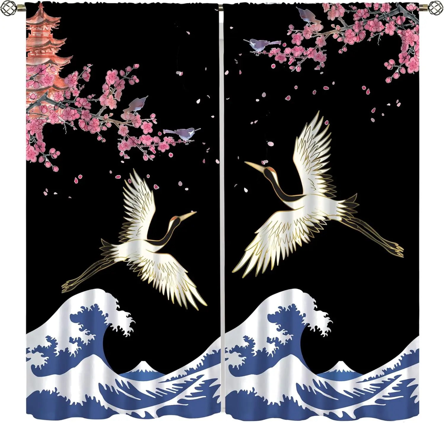 

Japanese Style Cranes Curtain Asian Waves Traditional Chinese Cherry Blossom Printed Window Treatment for Living Room Bedroom Ki