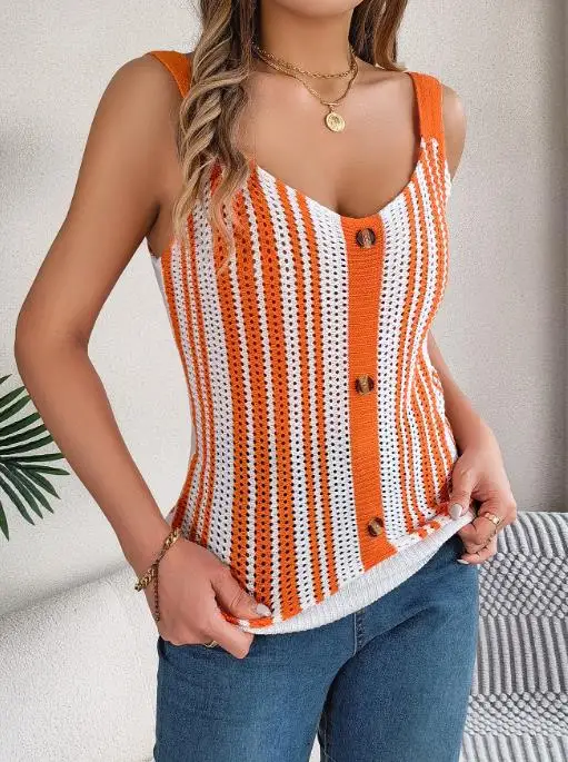 

2025 Spring/Summer New Fashionable Casual V-neck Button Comparison Hollow Knitted Sweater Vacation Vest Women's Wear