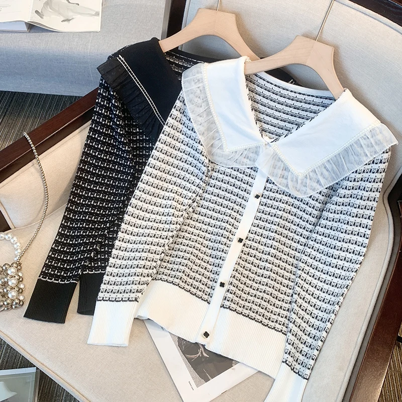 

Faionable Plaid Long Sve вязаный свитер женский кукольный воротник осень-зима новый Sle Small Fraance Sle Color Blo S...