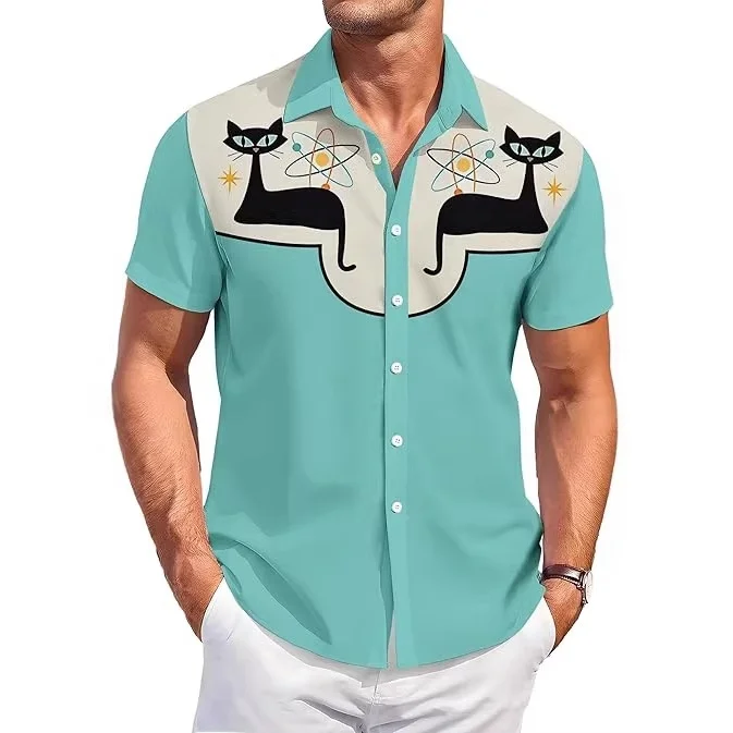 

Summer Men's Print Casual Fashion Denim Style Collar Shirt Loose Fit Button Detail Polyester Fiber Short Sleeve American ...