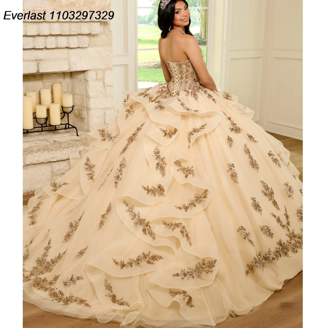 Evlast Champagner Quince anera Kleid Ballkleid Spitze Applikation Kristalle Perlen mit Cape Tiered Sweet 16 Vestido de 15 Anos TQD462