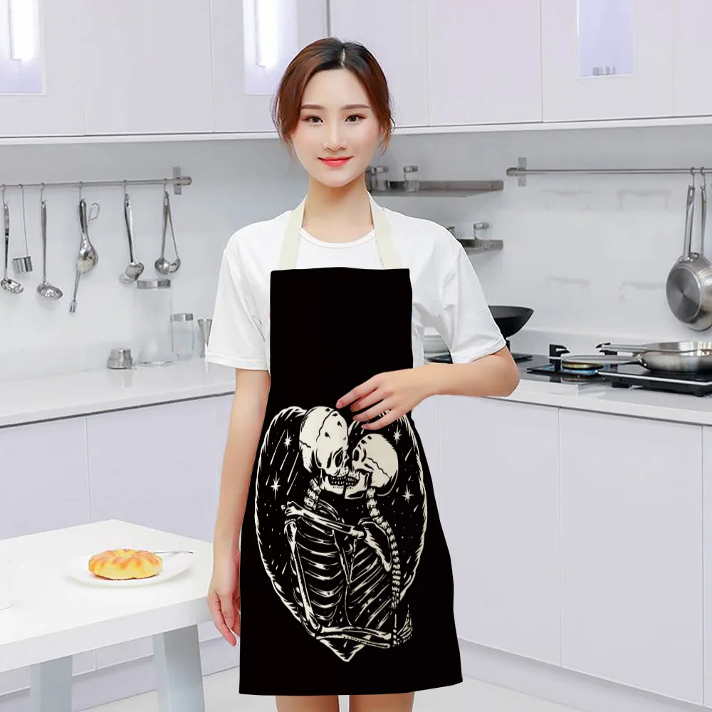 Black Background And White Skull Print Pattern Apron Sci-Fi Style Sleeveless Apron Fashion Party Apron Halloween Dress Up Apron