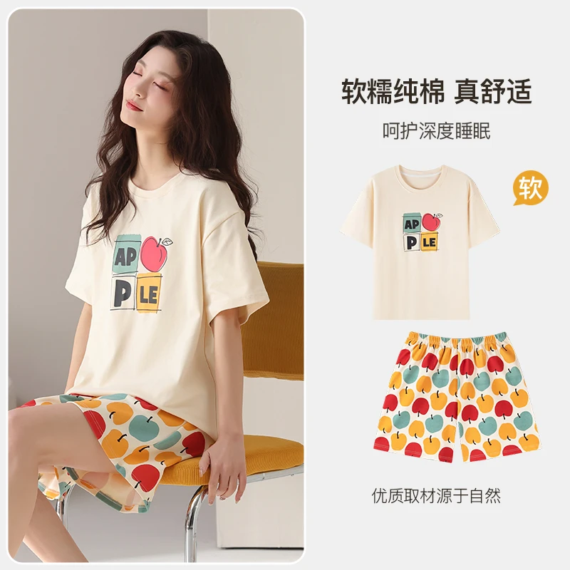 

High Quality Summer Women Pajamas Set Female 100% Cotton Sleepwear Short Sleeve Casual Pyjamas