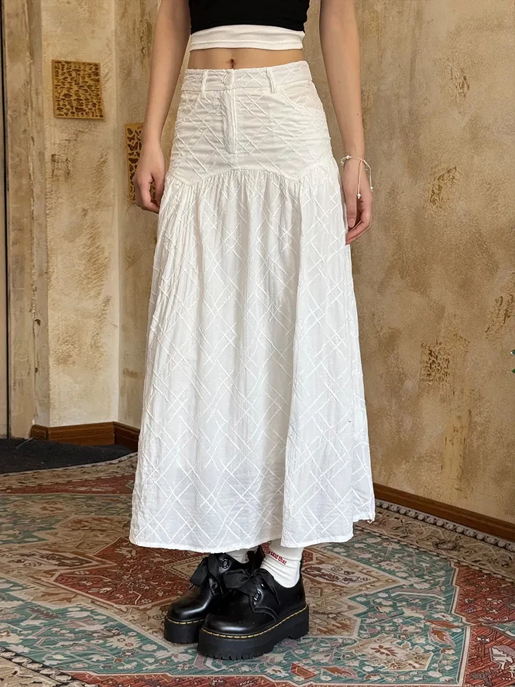 

White Plaid Midi Skirt Women Summer Korean Office Lady Fashion A Line Skirts High Waist Loose Casual Chic Sweet Female Skirts