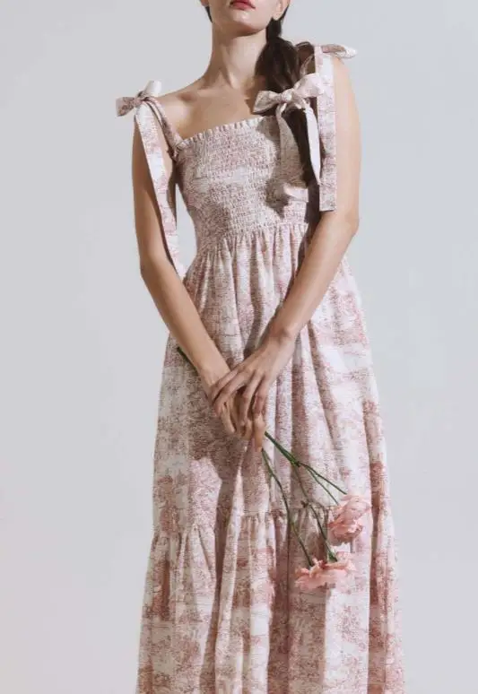 

Women Dresses 2026 Spring Summer New Fashion Floral Print Shoulder Lace Up Square Collar Sleeveless High Waist Long Dress