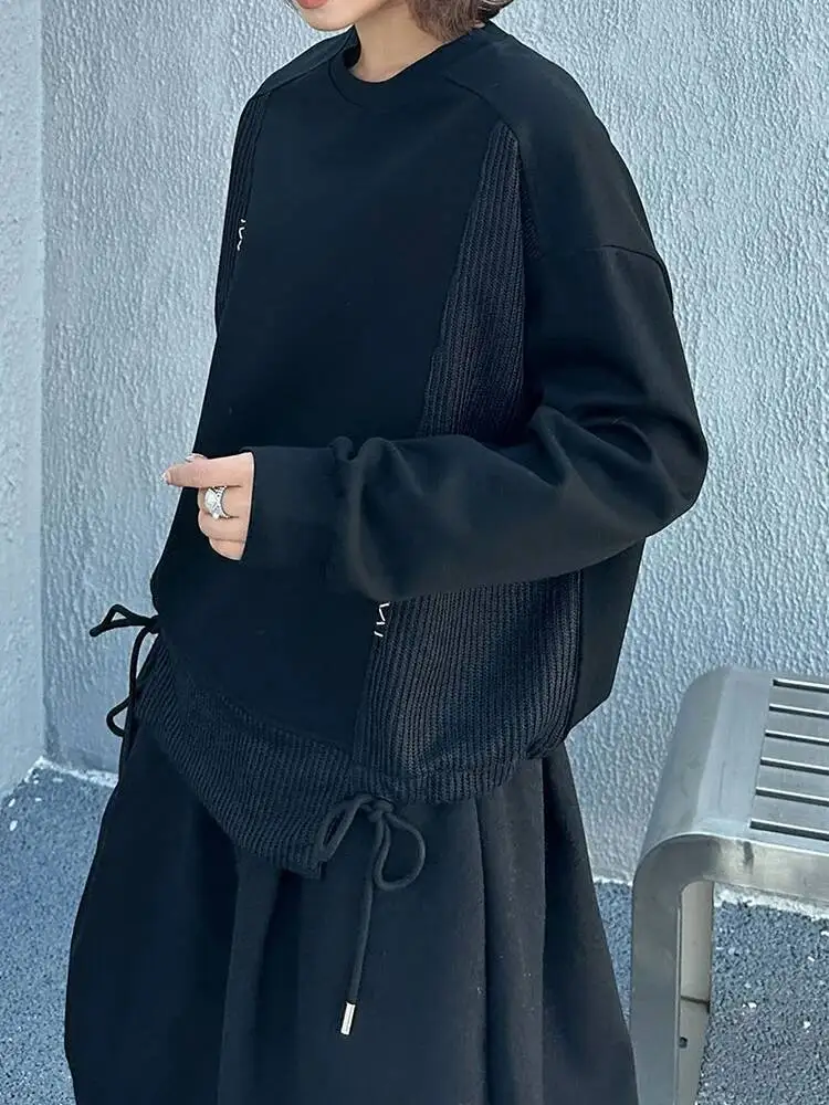 Drawstring Hem Black Big Size Casual Sweatshirt New Round Neck Long Sleeve Women Fashion  Spring Autumn 2026 X0I8