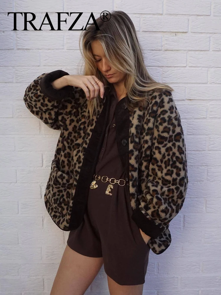 TRAFZA Women Vintage Leopard Print Lamb Wool Jackets 2024 Female Casual Loose Single Breasted Coats Long Sleeve Warm Outerwear