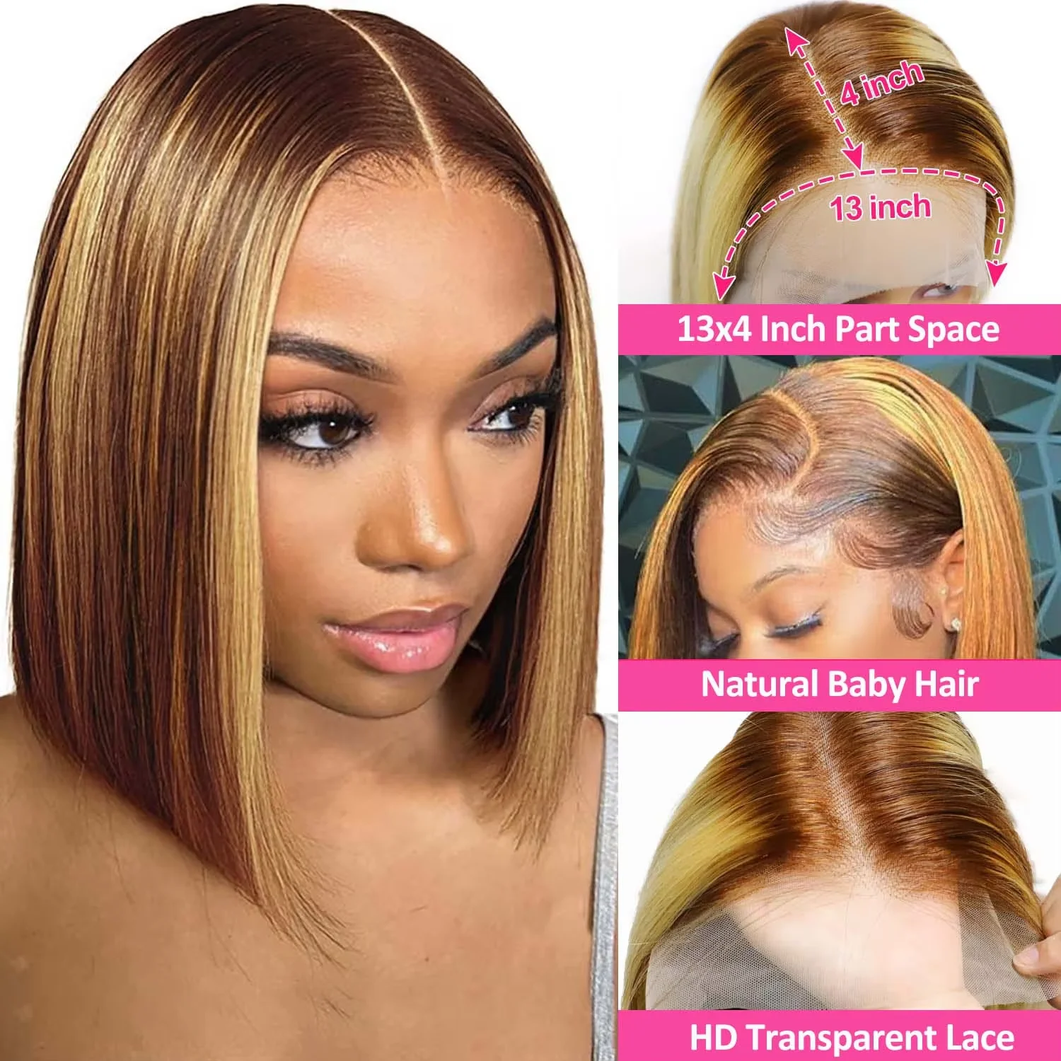 

Short Bob Highlight Human Hair Wig 13x4 Full Lace Front Human Hair Wigs For Women HD Lace Frontal Wig P4/27 Brown Color Straight