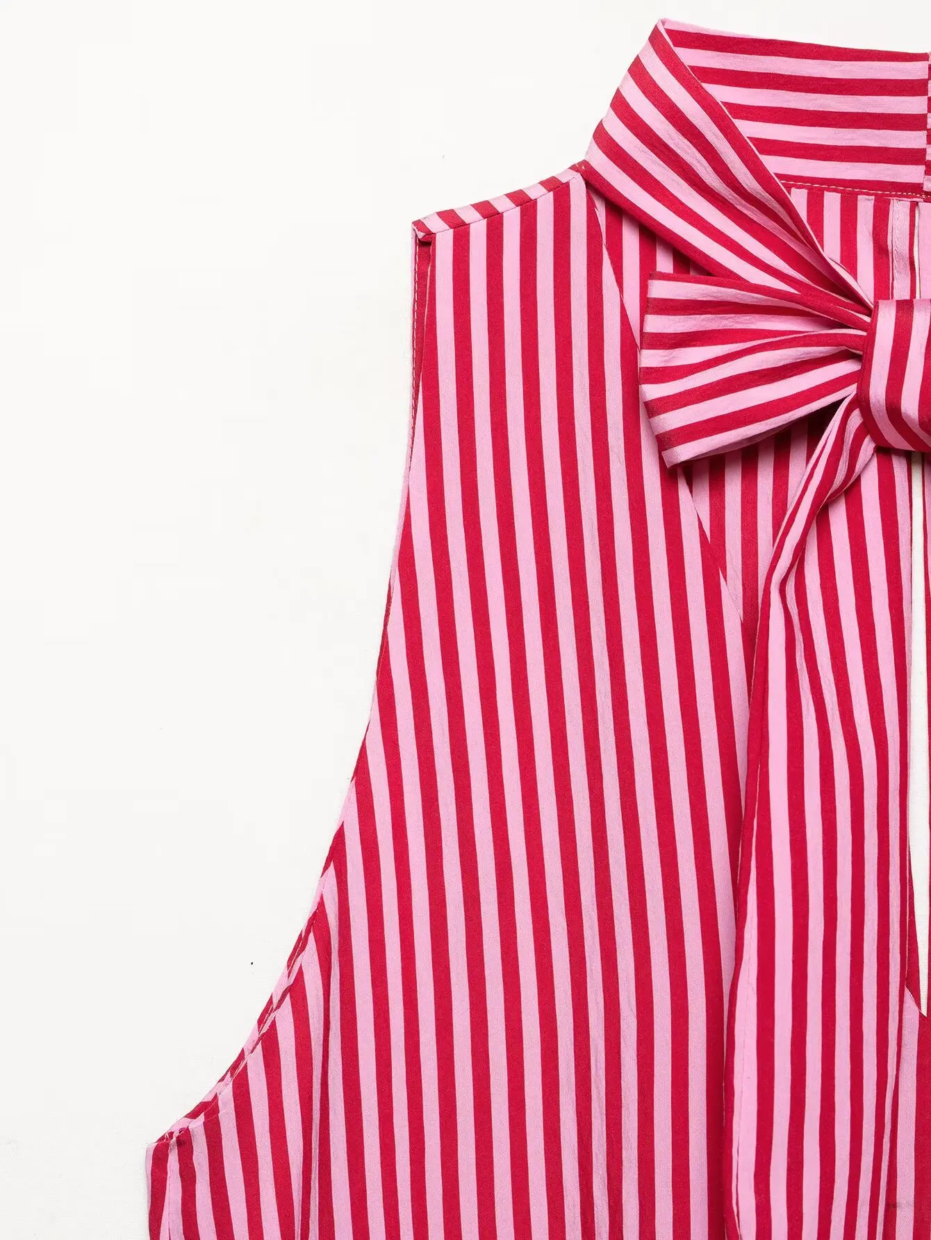 HH Französischer Stil Rot Gestreiftes Neckholder-Top Damen Bluse mit Schleifenkragen Unregelmäßiger Rüschensaum Sommer Picknick Resort Strand Outfit – Detail 6