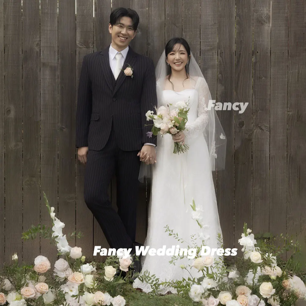 Fancy Elegant Lace Long Sleeve Wedding Dress A Line Soft Tulle Bridal Gown Floor Length Back Corset Customized