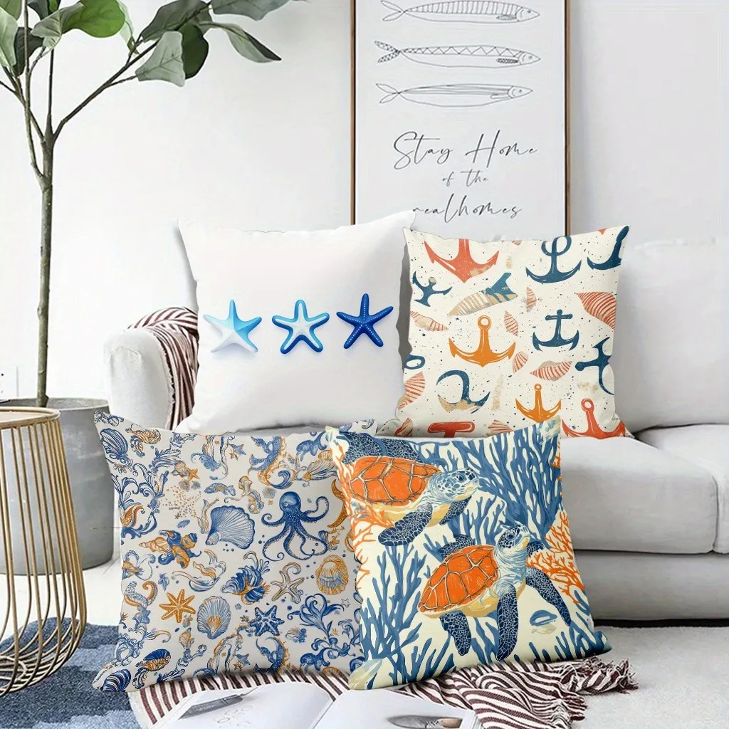 Seaside Marine Life Pattern Digital Print Pattern Cushion Cover Suitable For Sofa Bedroom Car Pillow Cover