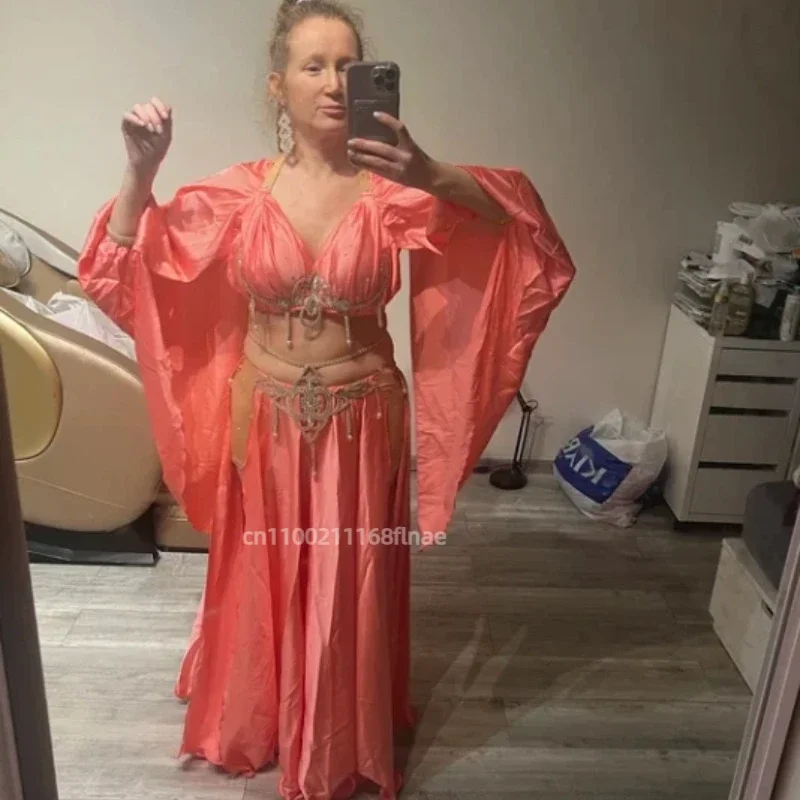 Orientalisches Bauchtanzkostüm, 2-teilig, Damen, Satin-BH, langer Rock mit Schlitz, für Erwachsene, Größe M/L, Bühnenoutfit – Detail 2