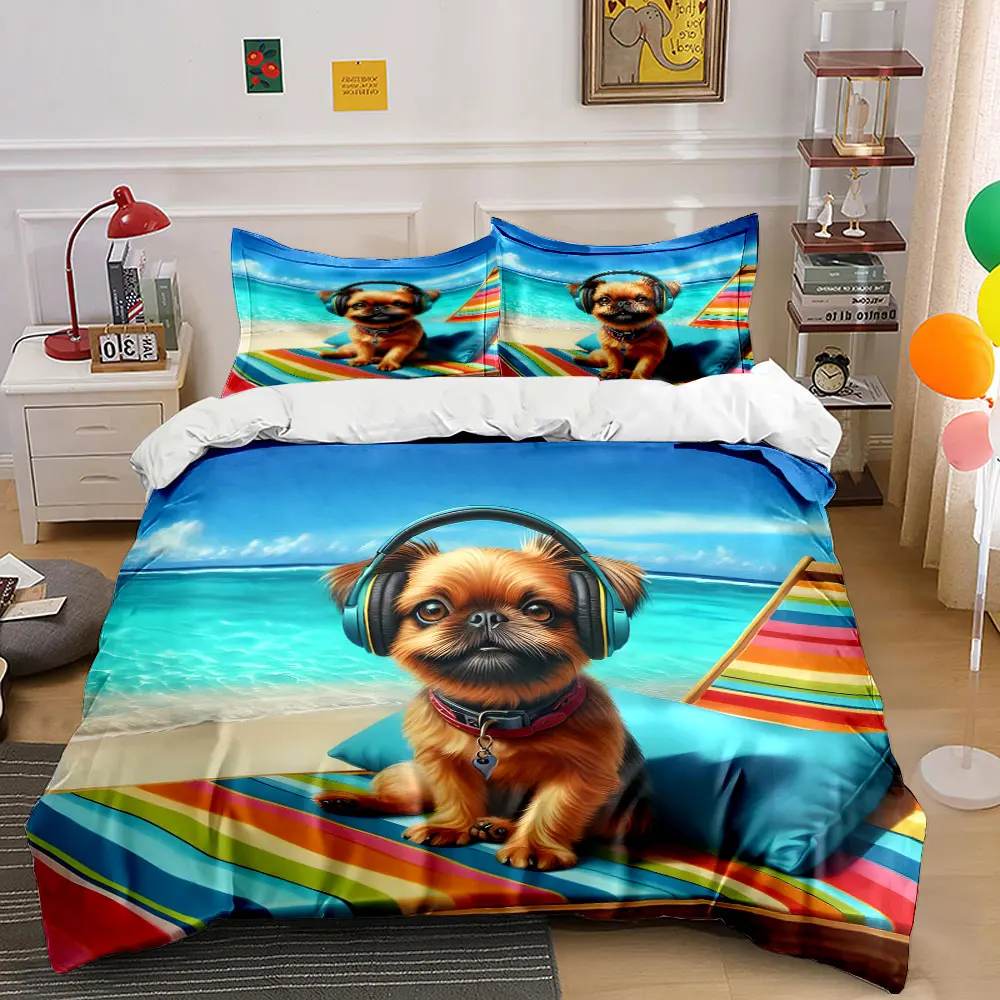 Beach dog with headphones relaxing Print Bedding Set 1 Duvet Cover 2 Pillowcases for Adult and Children Luxury Gift Full Size
