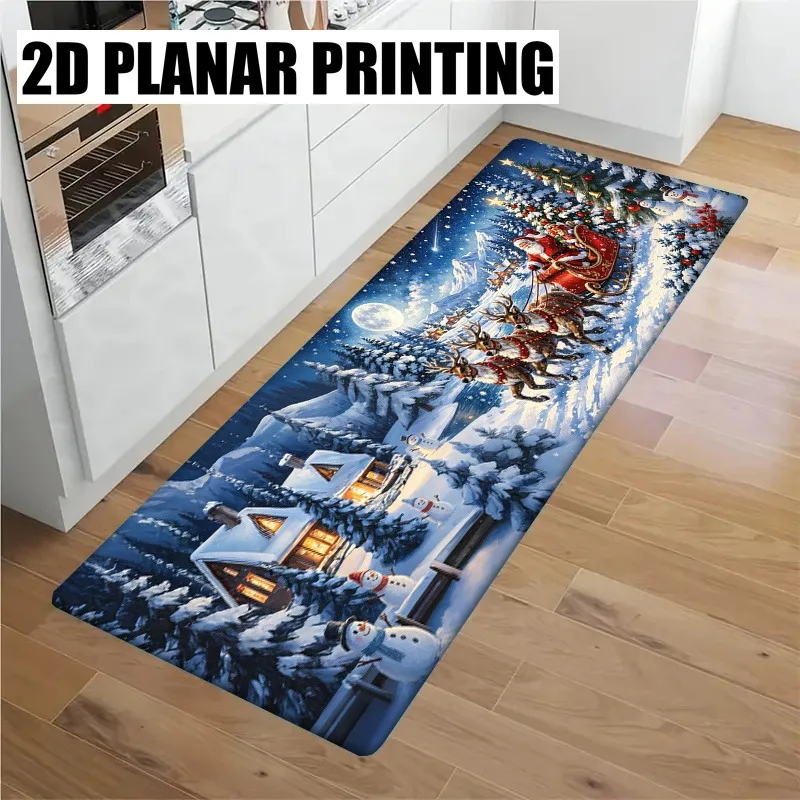 Merry Christmas Long Runner Rug Red Background Gift Box Poinsettia Snowflake Print Carpet Indoor Floor Rug for Home Decor