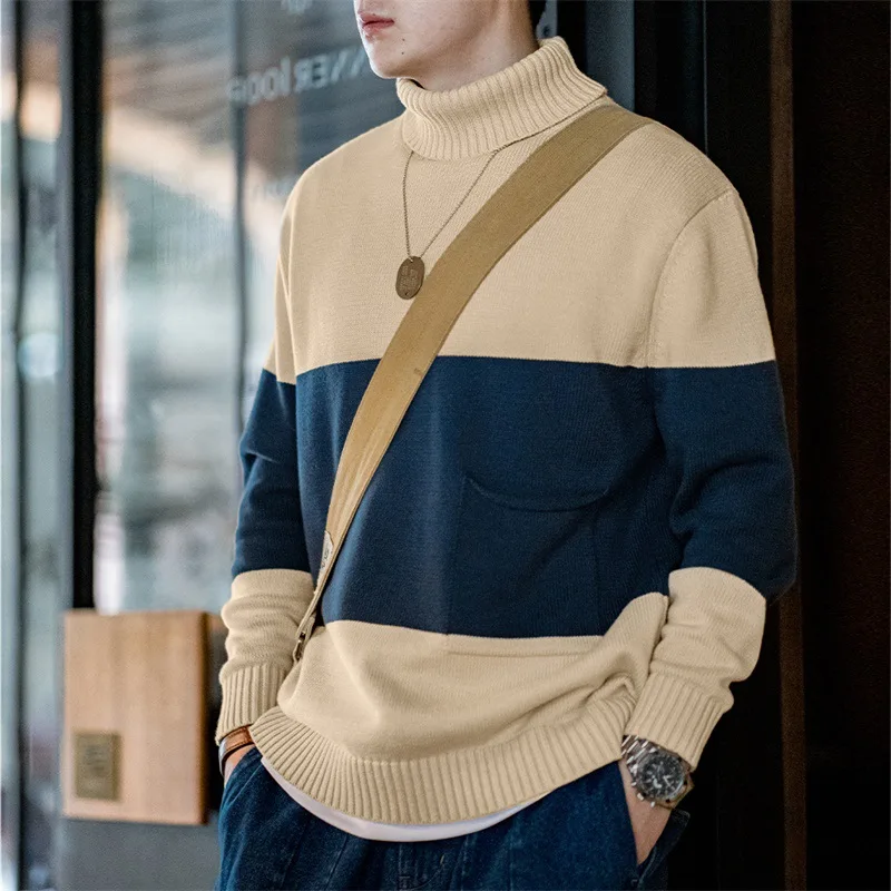 

Maden High Ne Knitted Sweater Men's Autumn Winter Warm Base Layer Color Blo Striped Pullover Long Sve Youthful Sle