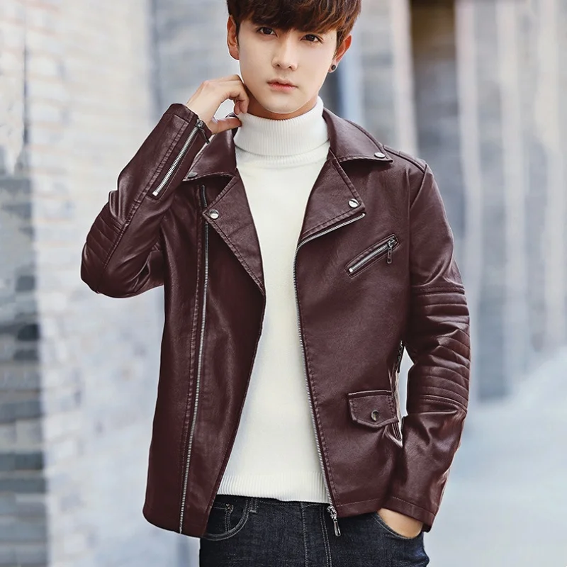 Men's Solid Blazer Jacket Spring Autumn Lapel PU Leather Jacket fashion Slim Fit Korean Coat Male Motorcycle Suit Outwear