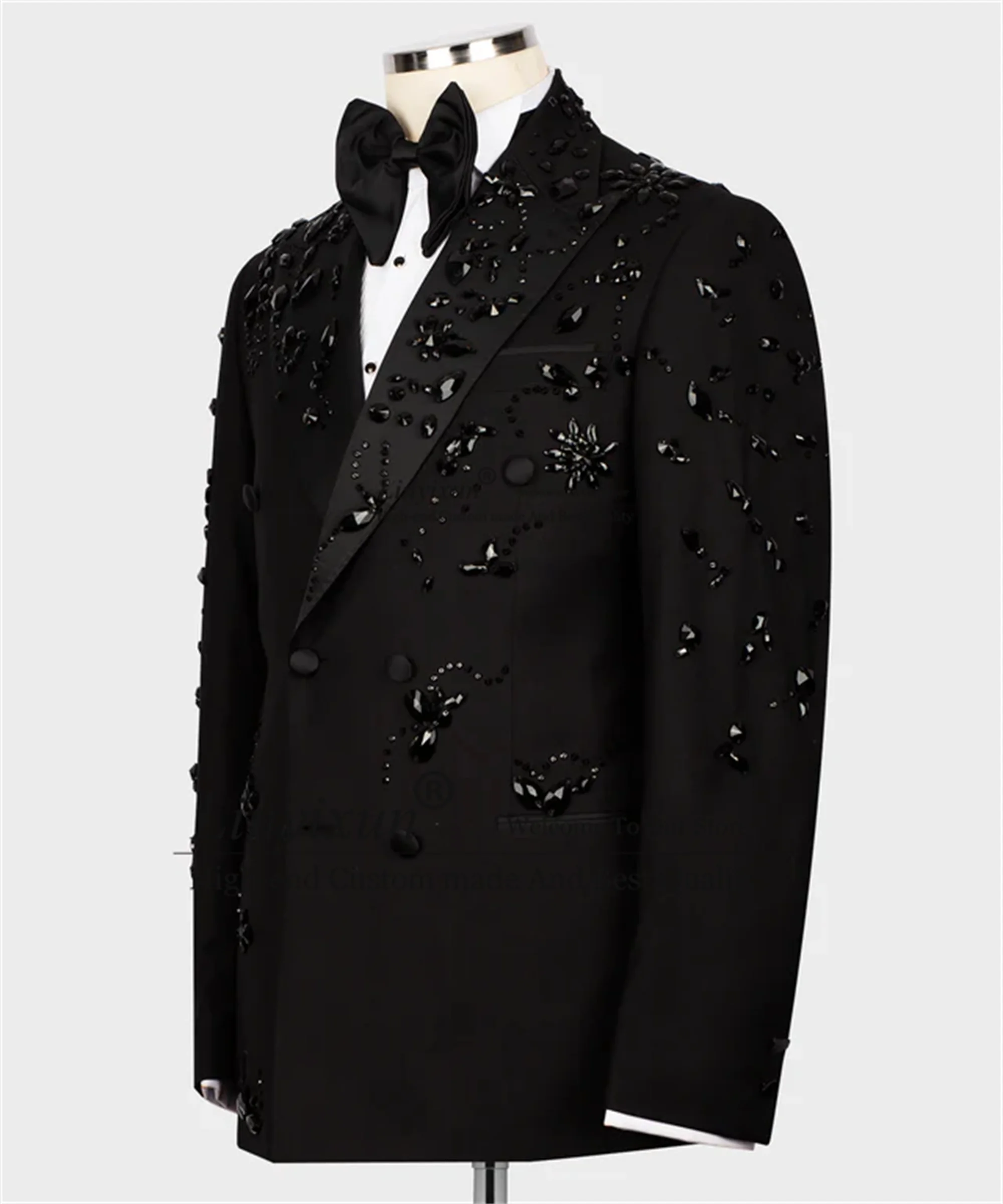 Black Stone Embroidered Men Suits Luxury Beaded Crystals Groom Male Prom Blazers 2 Pieces Sets Double Breasted Costume Homme