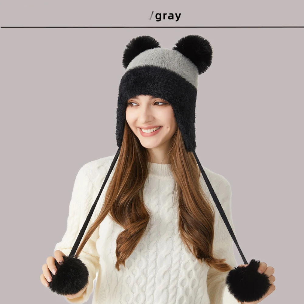 HT4529 Soft Fleece Winter Hat Thick Warm Knit Beanie Hats for Women Cute Four Pompoms Skullies Beanies Lady Snow Ski Earflap Cap