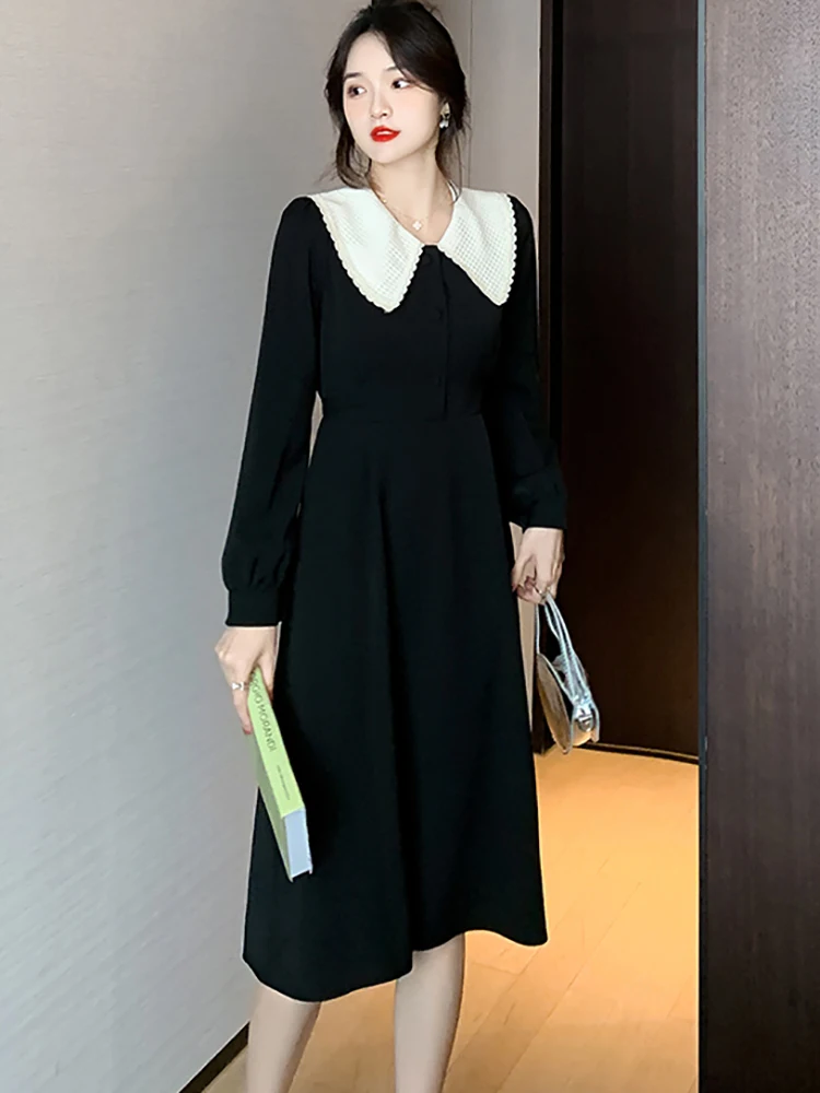 Black Long Sleeve Lace Doll Collar Midi Dress for Women 2024 New Spring Autumn Cheap Casual Dresses Korean Vintage Hepburn Dress