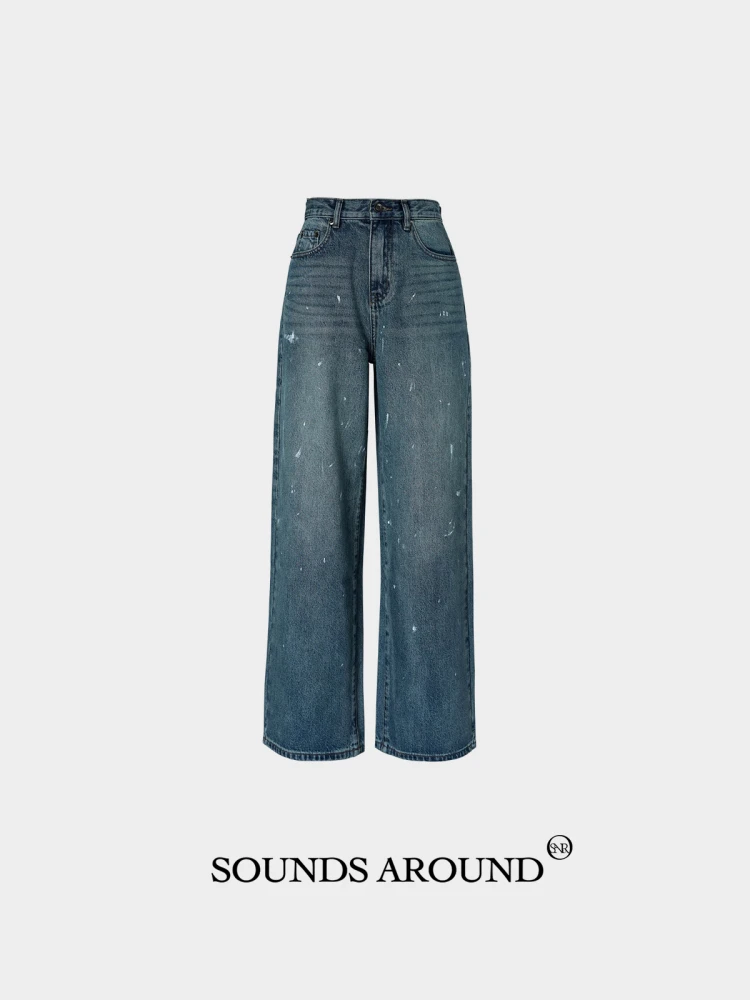 

Классические прямые джинсы с широкими штанинами и ручной росписью Ink Star Sound2025 Весна Refre Повседневная талия...