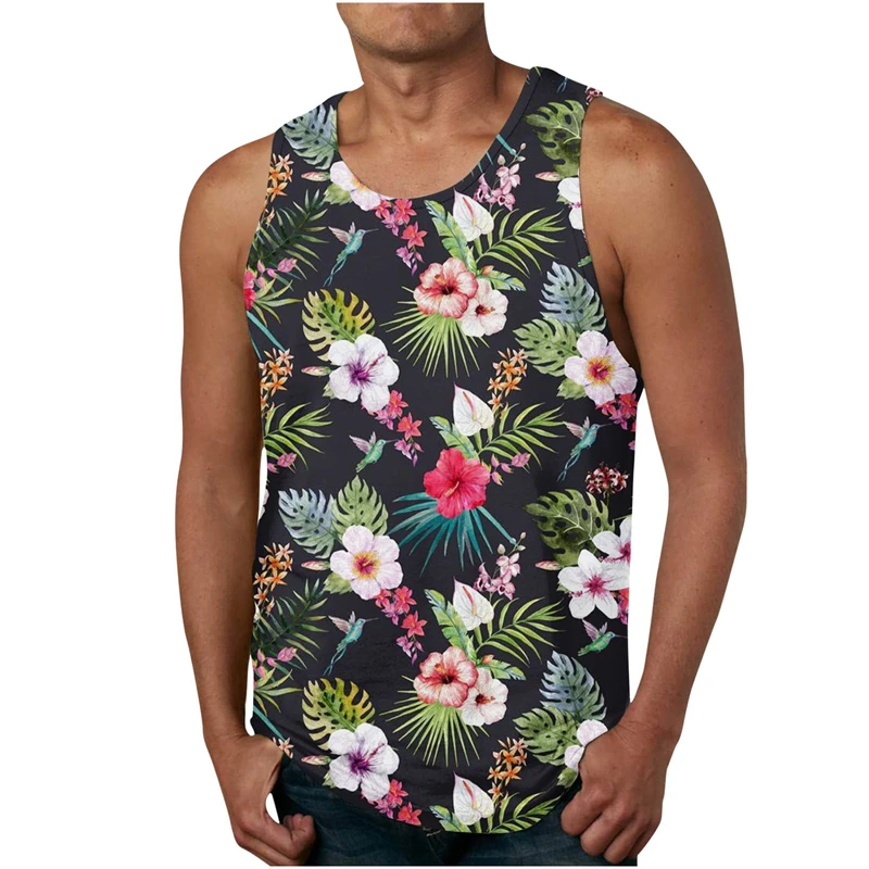 Hawaiian Flower Plants Tank Top For Men Casual 3d Print Tropical Plants Sleeveless Gym Fitness Tees Shirt Loose Pullover Tops