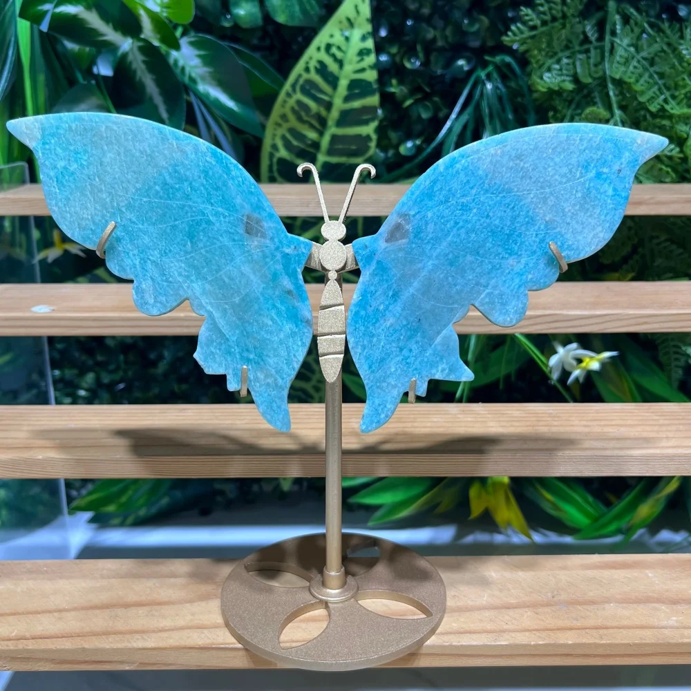 Natural Amazonite Butterfly Wings Statue with Metal Stand Crystal Butterfly Figurine Reiki Healing Stone Home Desk Ornament