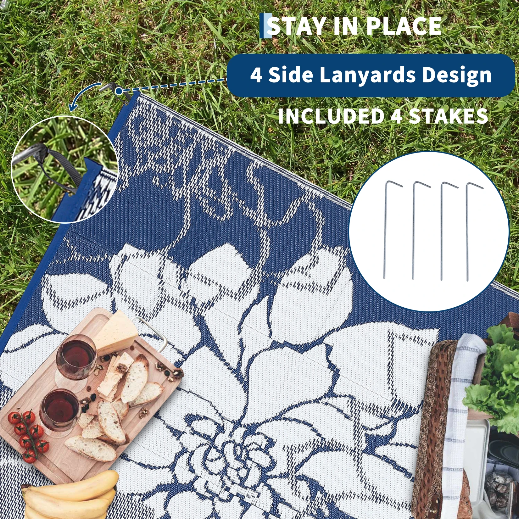 Waterproof Reversible Outdoor Patio Rug - Durable Plastic Mat, Botanical Floral Design, Easy Clean, Portable, Includes 4 Stakes & Storage Bag for RV, Balcony, Camping, Beach - 9x12ft