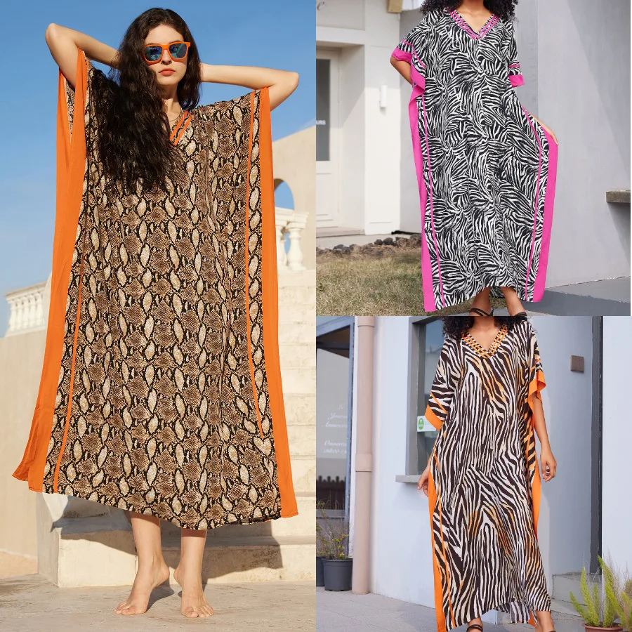 Caftán holgado de leopardo/cebra para mujer, vestido playero, traje de baño, ropa de playa