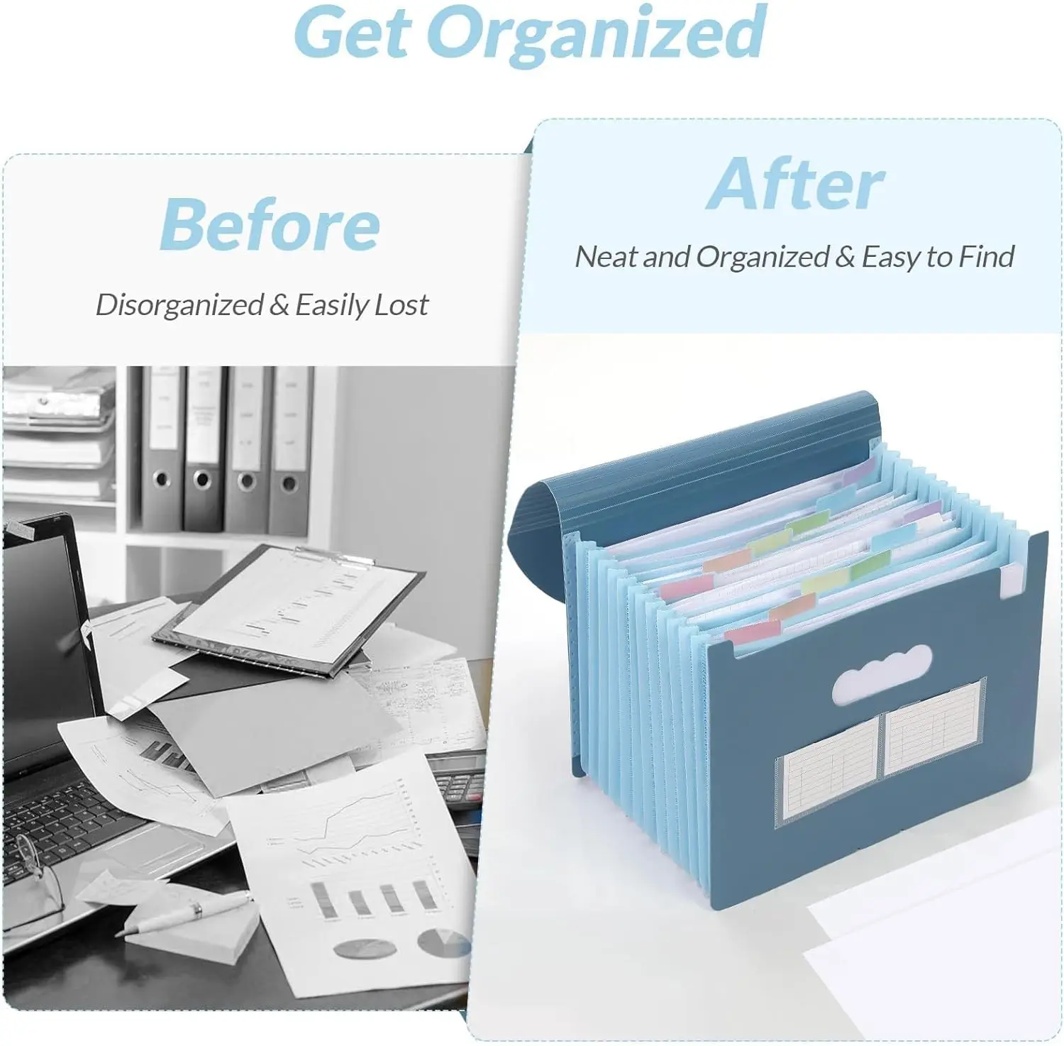 Expanding File Folder with 13 Pockets, Portable Document Organizer for Bills Receipts, Letter A4 Size, Home Office School Supplies, Haze Blue view 2