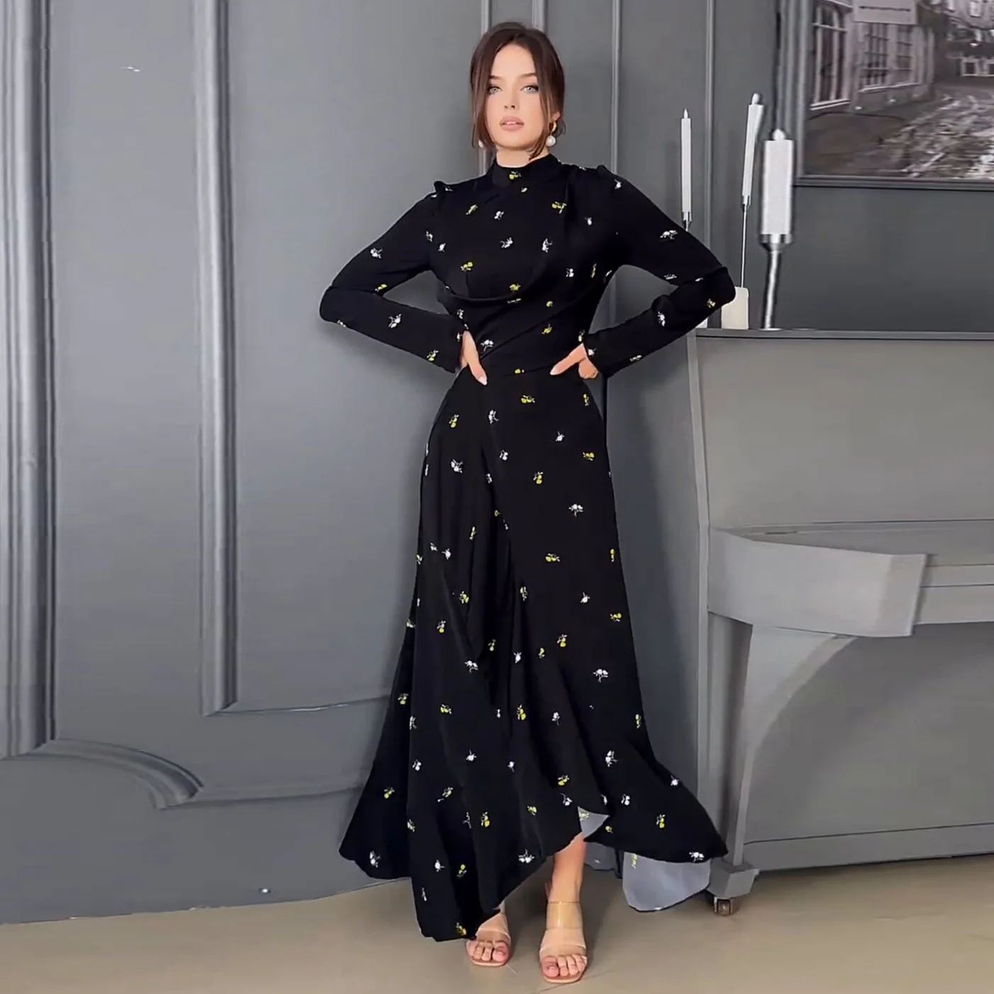 Dubai Arab Long Dress Women 2024 Autumn New Fashion Style Long Sleeve Slim Fit Ruffle Dress Long Dress Stand Collar Clothing