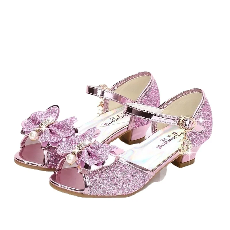 Princesa crianças sapatos de couro para meninas flor casual glitter crianças salto alto meninas sapatos borboleta nó azul rosa prata